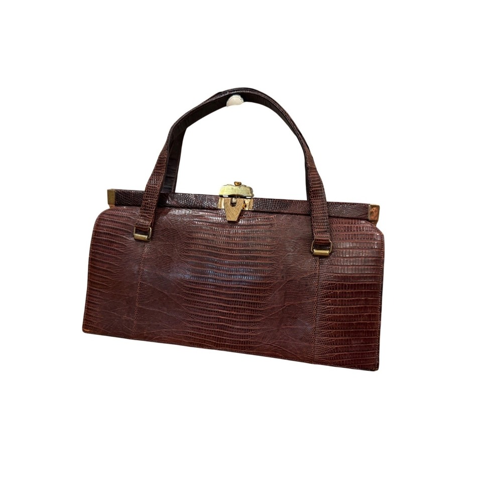 Vintage Bellestone Brown Lizard Skin Handbag Gold Tone Hardware Top Handle Bag